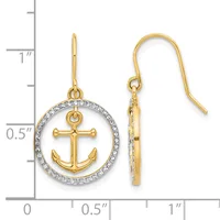 Gold-tone anchor earrings with diamond-shaped crystals in circular frames, shown next to a measurement scale indicating approximately one inch in length.