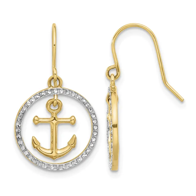 Pair of gold anchor earrings with diamond-cut circular frames and fish hook closures, shown from front and back views.