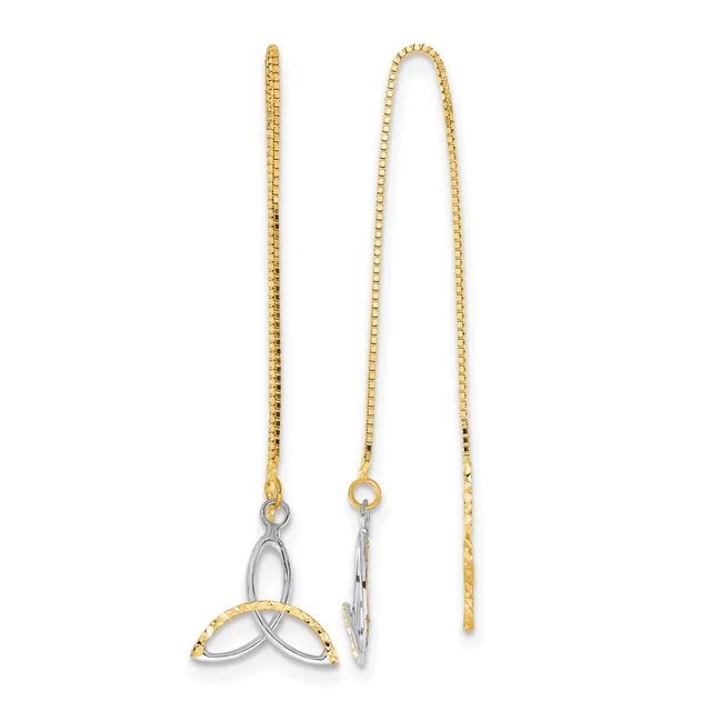 Two gold threader earrings with small box chain stems and dangling two-tone silver and gold leaf-shaped charms at the ends.