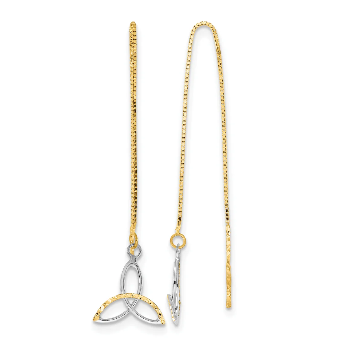 Two gold threader earrings with small box chain stems and dangling two-tone silver and gold leaf-shaped charms at the ends.