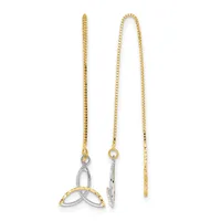 Two gold threader earrings with small box chain stems and dangling two-tone silver and gold leaf-shaped charms at the ends.