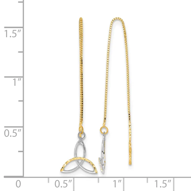 Three gold and silver threader earrings displayed against a ruler showing measurements up to 1.5 inches, featuring delicate chains with decorative connectors.
