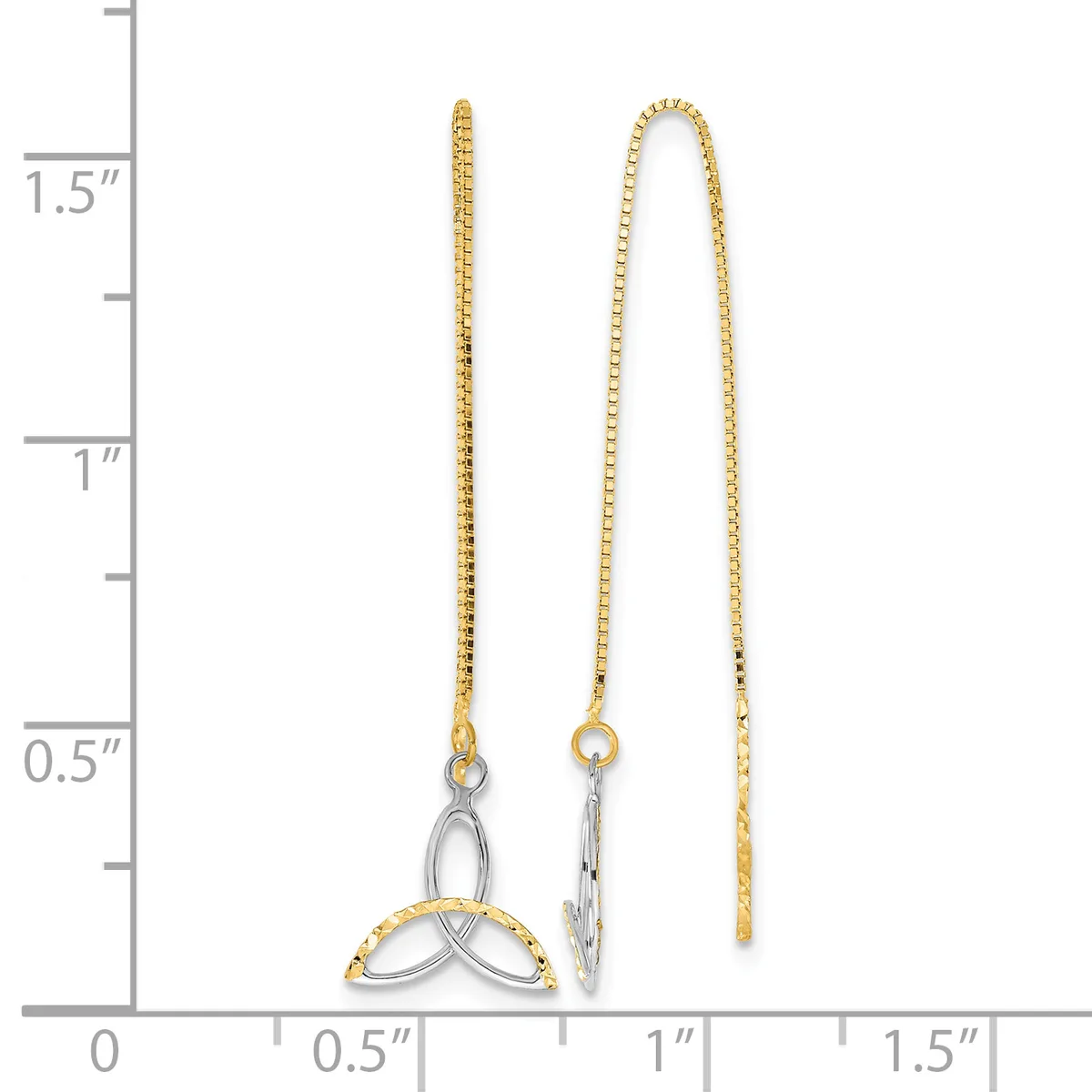 Three gold and silver threader earrings displayed against a ruler showing measurements up to 1.5 inches, featuring delicate chains with decorative connectors.