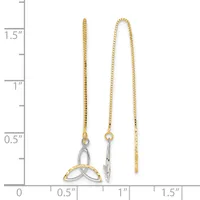 Three gold and silver threader earrings displayed against a ruler showing measurements up to 1.5 inches, featuring delicate chains with decorative connectors.