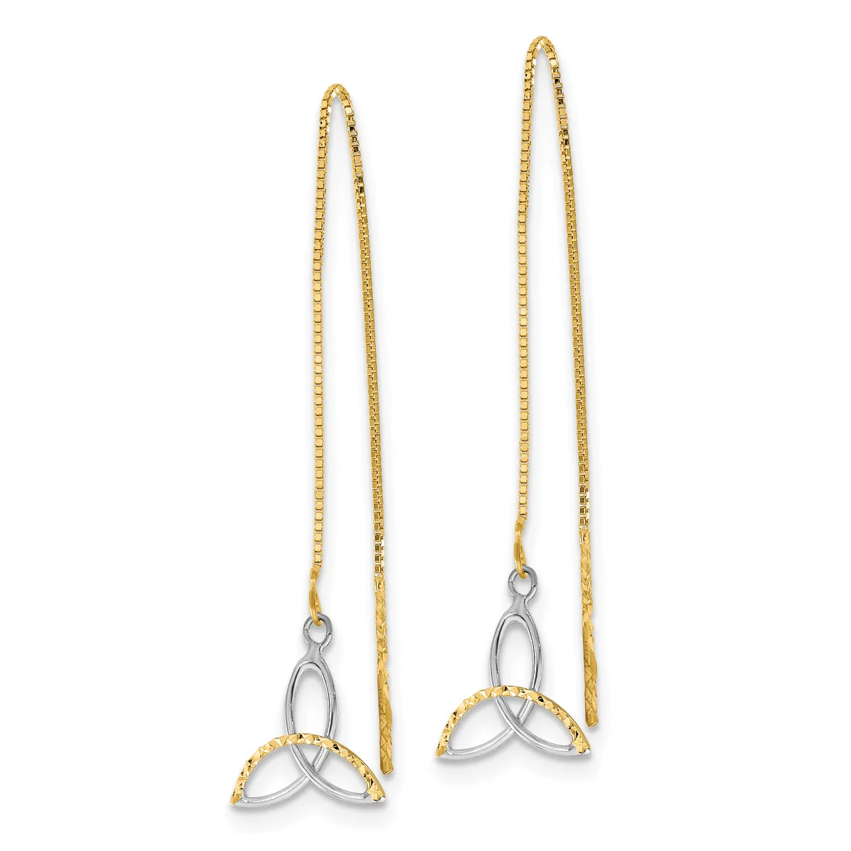 A pair of two-tone gold and silver threader earrings with triangular Trinity knot pendants hanging from delicate chains.
