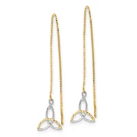 A pair of two-tone gold and silver threader earrings with triangular Trinity knot pendants hanging from delicate chains.
