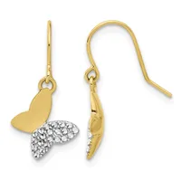 A pair of gold fish-tail earrings with crystal-paved lower halves, shown from front and side views with French wire hooks.