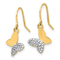 Pair of gold and crystal drop earrings with heart-shaped tops and curved crystal-studded bottoms, suspended from curved wire hooks.