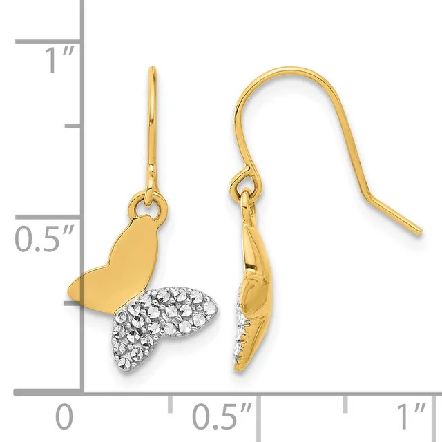 A pair of gold fish-shaped earrings with crystal-paved tail fins, displayed next to a ruler showing approximately one inch in length.