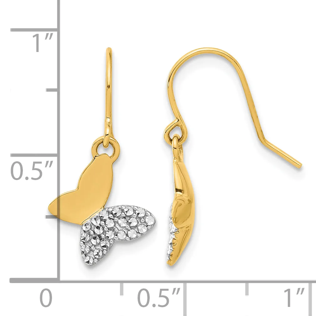 A pair of gold fish-shaped earrings with crystal-paved tail fins, displayed next to a ruler showing approximately one inch in length.