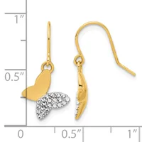 A pair of gold fish-shaped earrings with crystal-paved tail fins, displayed next to a ruler showing approximately one inch in length.