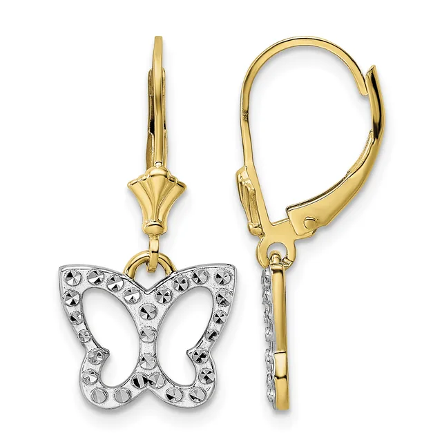 Pair of gold and diamond butterfly drop earrings with lever-back closures, shown from front and back views.