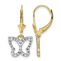 Pair of gold and diamond butterfly drop earrings with lever-back closures, shown from front and back views.