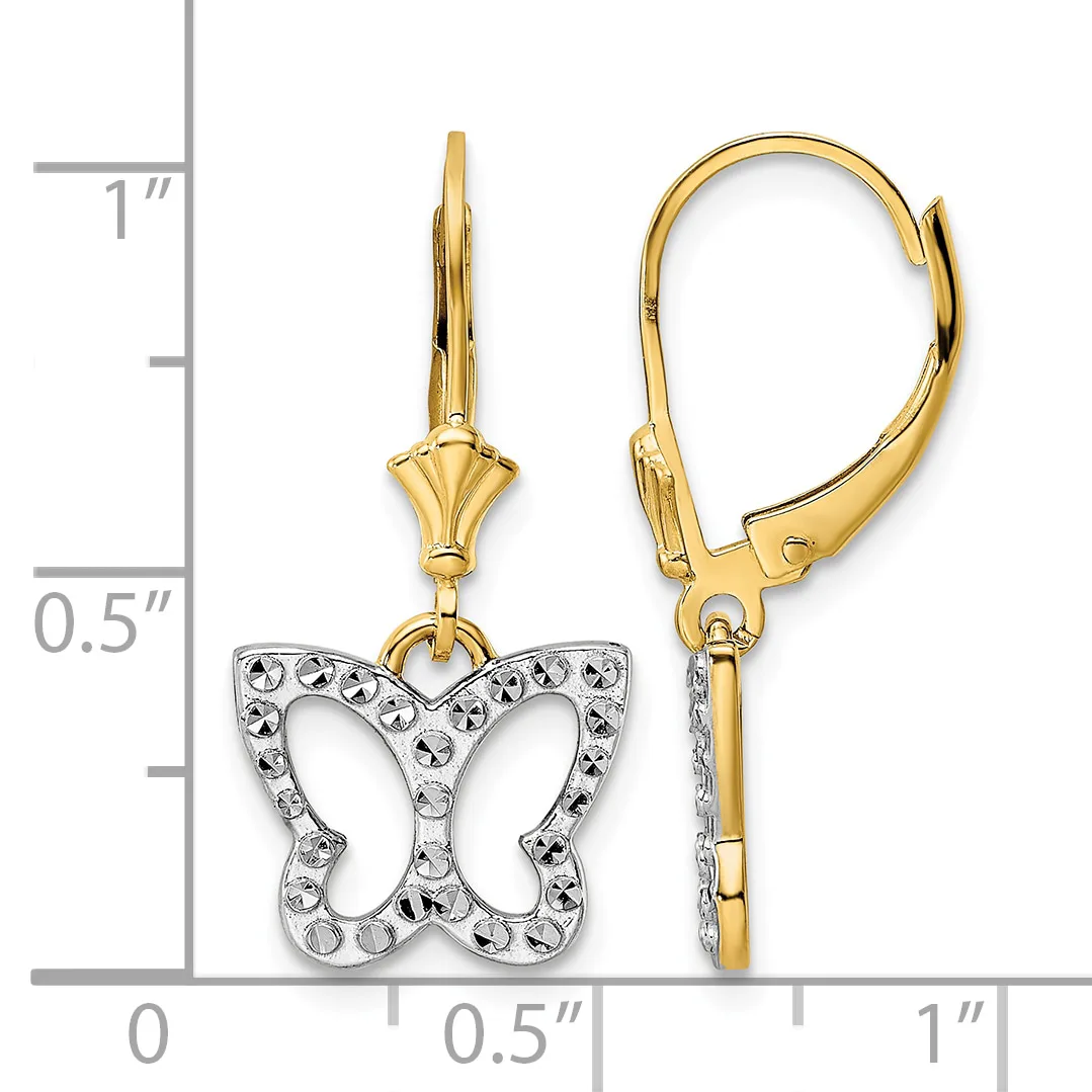 Pair of gold lever-back earrings with diamond-accented butterfly charms in white gold, shown against a measurement scale.