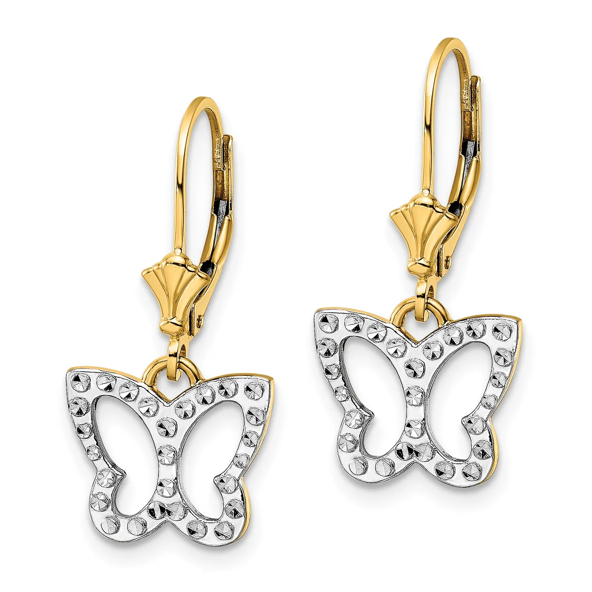 Pair of gold-toned leverback earrings with white crystal-studded butterfly charms hanging from decorative gold caps.