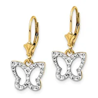 Pair of gold-toned leverback earrings with white crystal-studded butterfly charms hanging from decorative gold caps.