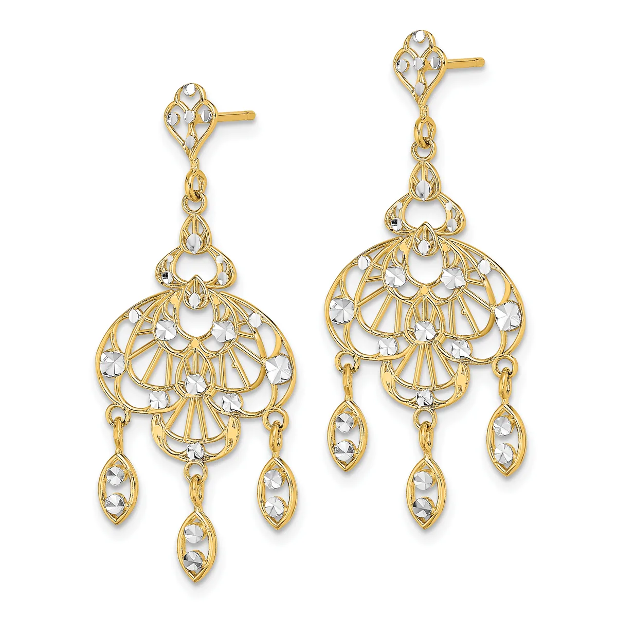 Pair of gold-tone filigree chandelier earrings with white crystal accents and dangling marquise-shaped drops.