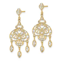 Pair of gold-tone filigree chandelier earrings with white crystal accents and dangling marquise-shaped drops.