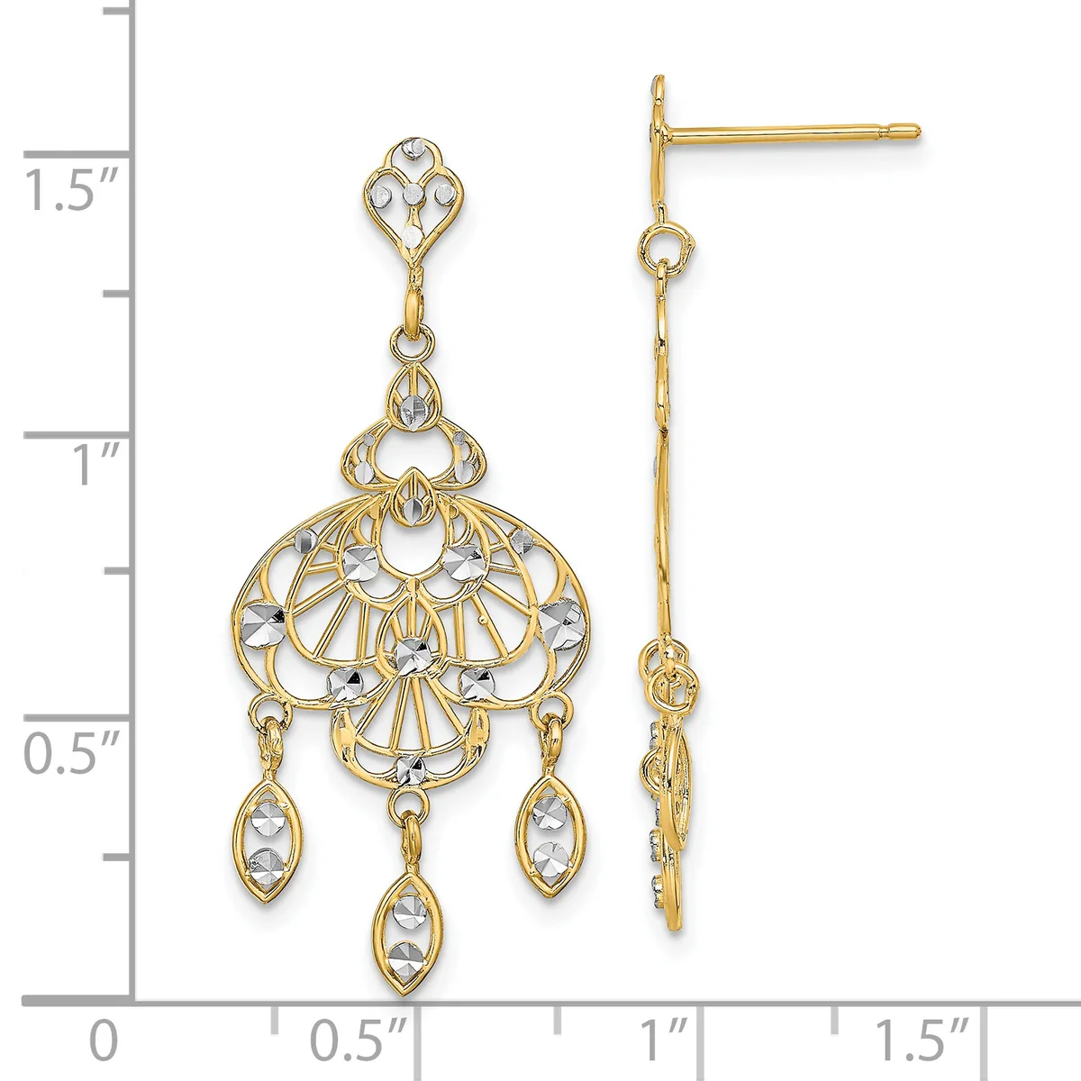 Two-tone gold filigree chandelier earrings with white enamel details and three dangling marquise-shaped drops, displayed next to a ruler showing approximately 1.5 inches in length.