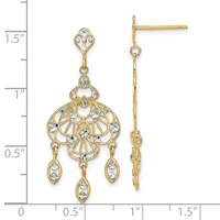 Two-tone gold filigree chandelier earrings with white enamel details and three dangling marquise-shaped drops, displayed next to a ruler showing approximately 1.5 inches in length.