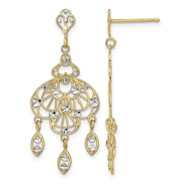Pair of gold-toned dangle earrings with filigree fan-shaped tops, rhodium accents, and three teardrop-shaped drops, shown from front and back views.