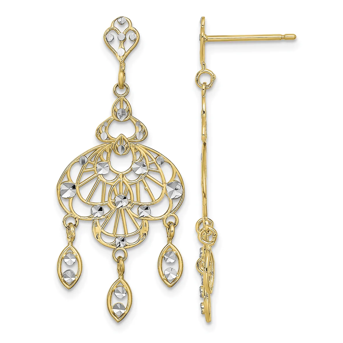 Pair of gold-toned dangle earrings with filigree fan-shaped tops, rhodium accents, and three teardrop-shaped drops, shown from front and back views.