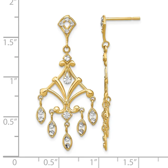 Two-tone gold chandelier earrings with diamond-shaped tops and multiple oval gemstone drops, shown front and side views against a measurement scale.