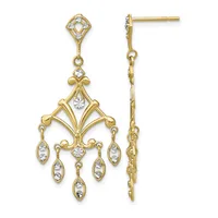 Pair of gold chandelier earrings with white gemstone accents, shown from front and side views with post and loop closures.