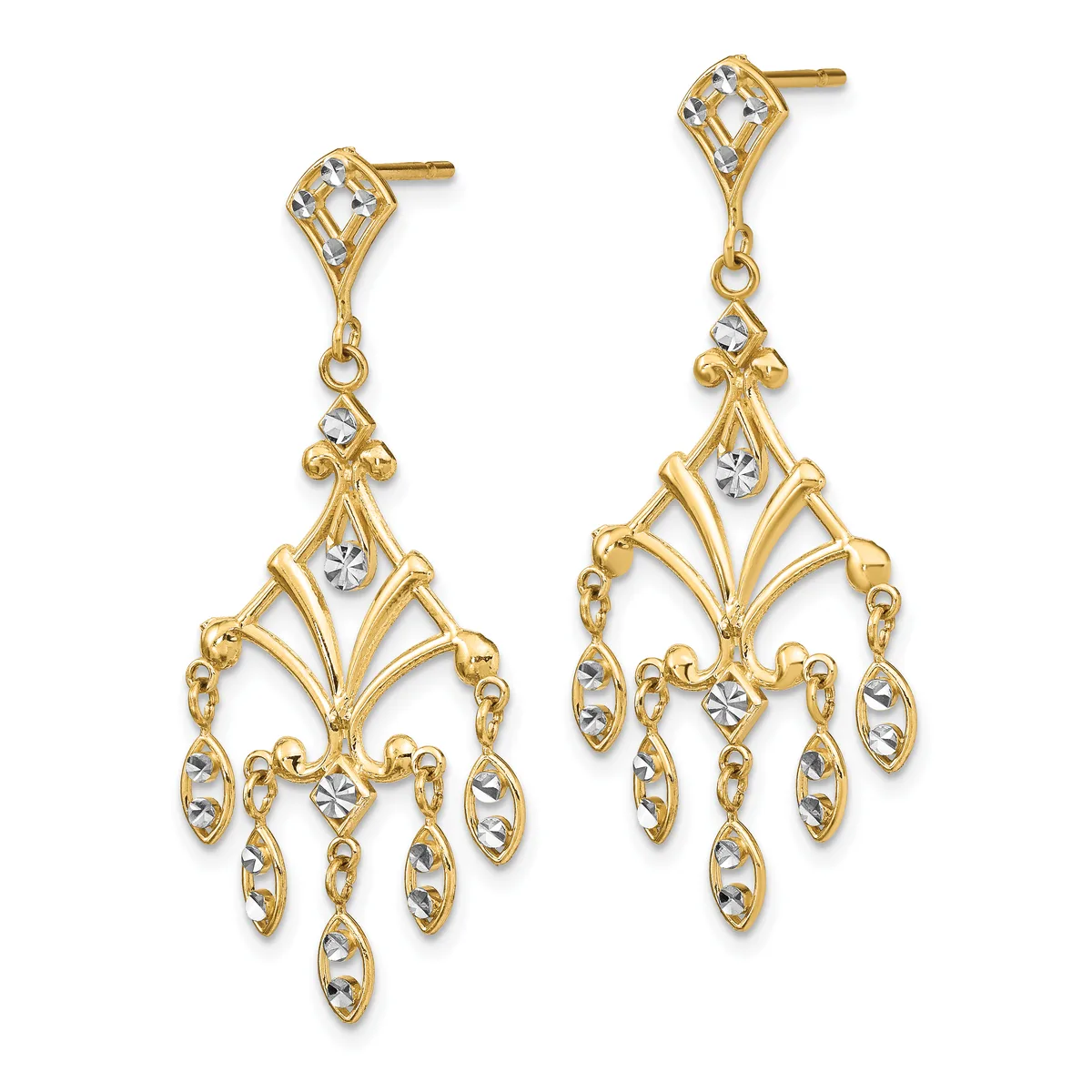 Pair of gold-toned chandelier earrings with crystal rhinestones arranged in a fan pattern with dangling leaf-shaped elements, displayed against a white background.