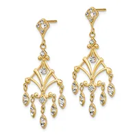 Pair of gold-toned chandelier earrings with crystal rhinestones arranged in a fan pattern with dangling leaf-shaped elements, displayed against a white background.