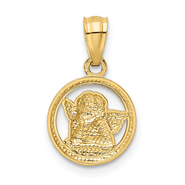 Gold pendant featuring a circular frame with a textured angel figure in profile, suspended from a decorative bail.