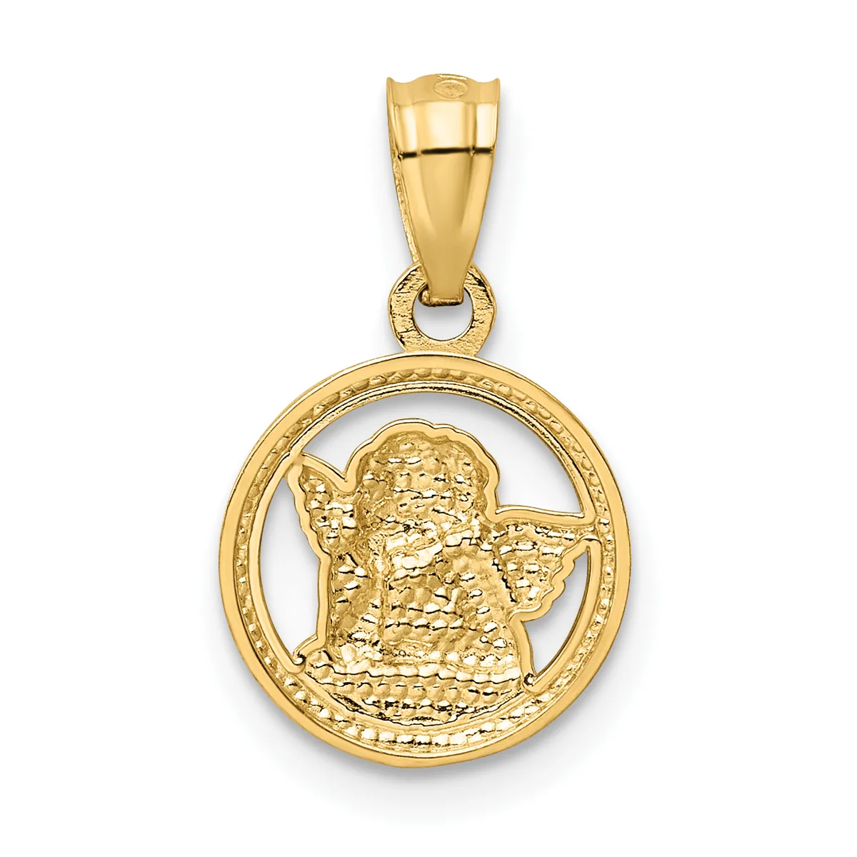 Gold pendant featuring a circular frame with a textured angel figure in profile, suspended from a decorative bail.