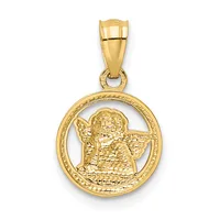 Gold pendant featuring a circular frame with a textured angel figure in profile, suspended from a decorative bail.