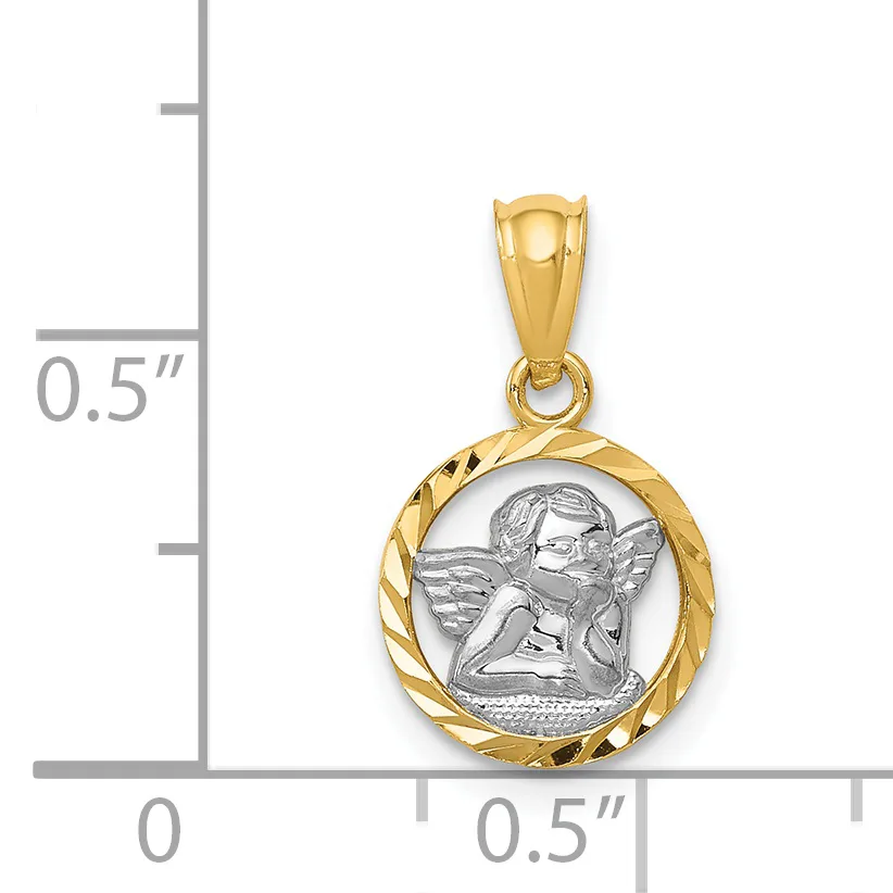 Two-tone gold pendant featuring a cherub design in white metal center surrounded by a twisted gold rope border, shown next to a measurement scale.