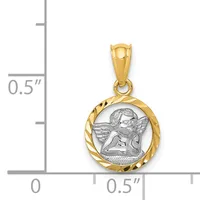 Two-tone gold pendant featuring a cherub design in white metal center surrounded by a twisted gold rope border, shown next to a measurement scale.