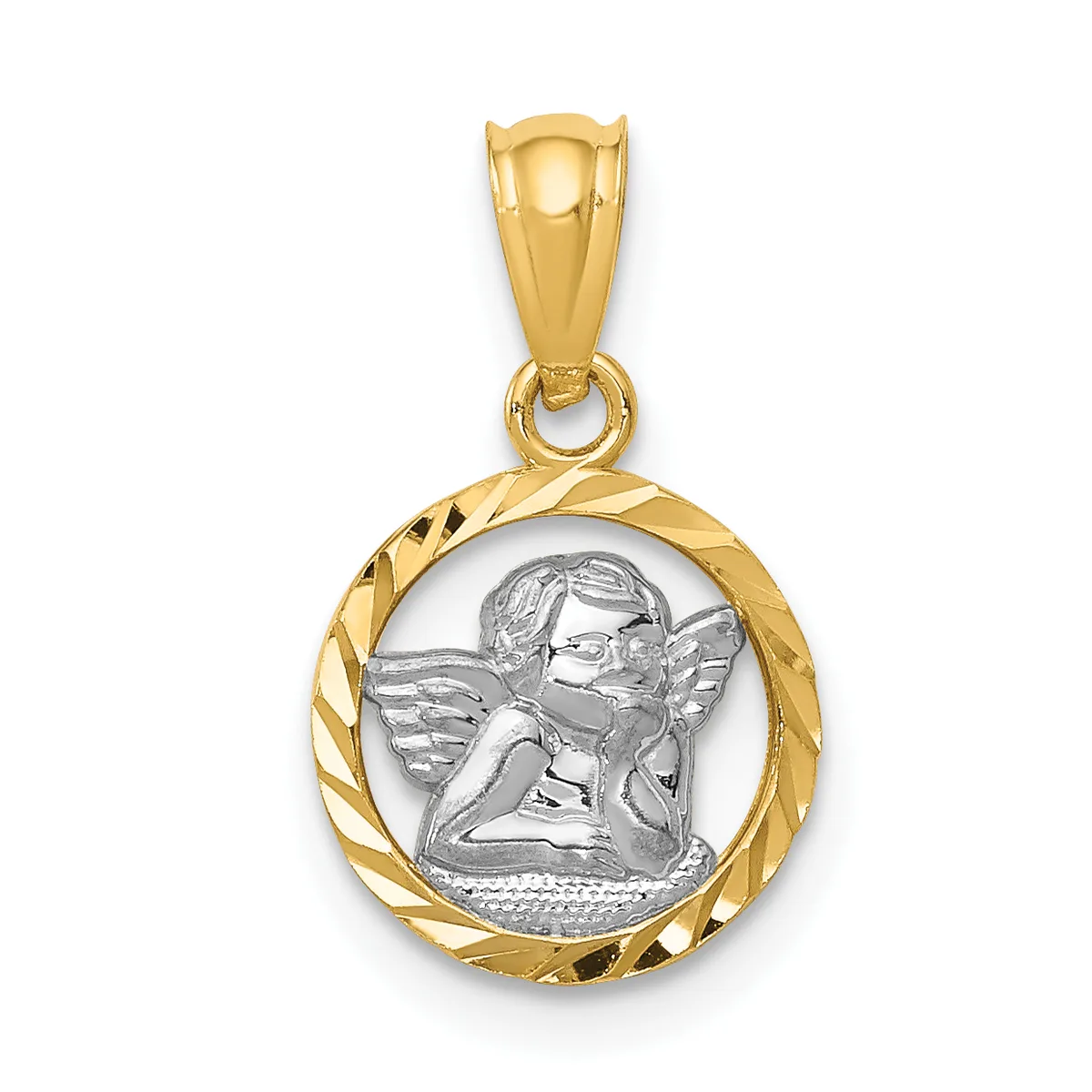 Gold pendant featuring a silver cherub medallion with wings and curly hair, set within a twisted gold circular frame, suspended from a gold bail.