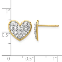 Two-tone heart-shaped stud earrings with gold outer frame and white stone pave settings, shown front and side view against a measurement scale.