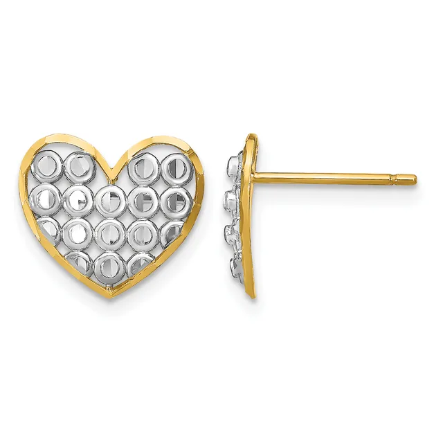 Pair of gold and silver heart-shaped stud earrings with textured bubble pattern, shown from front and side views.