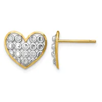Pair of gold and silver heart-shaped stud earrings with textured bubble pattern, shown from front and side views.