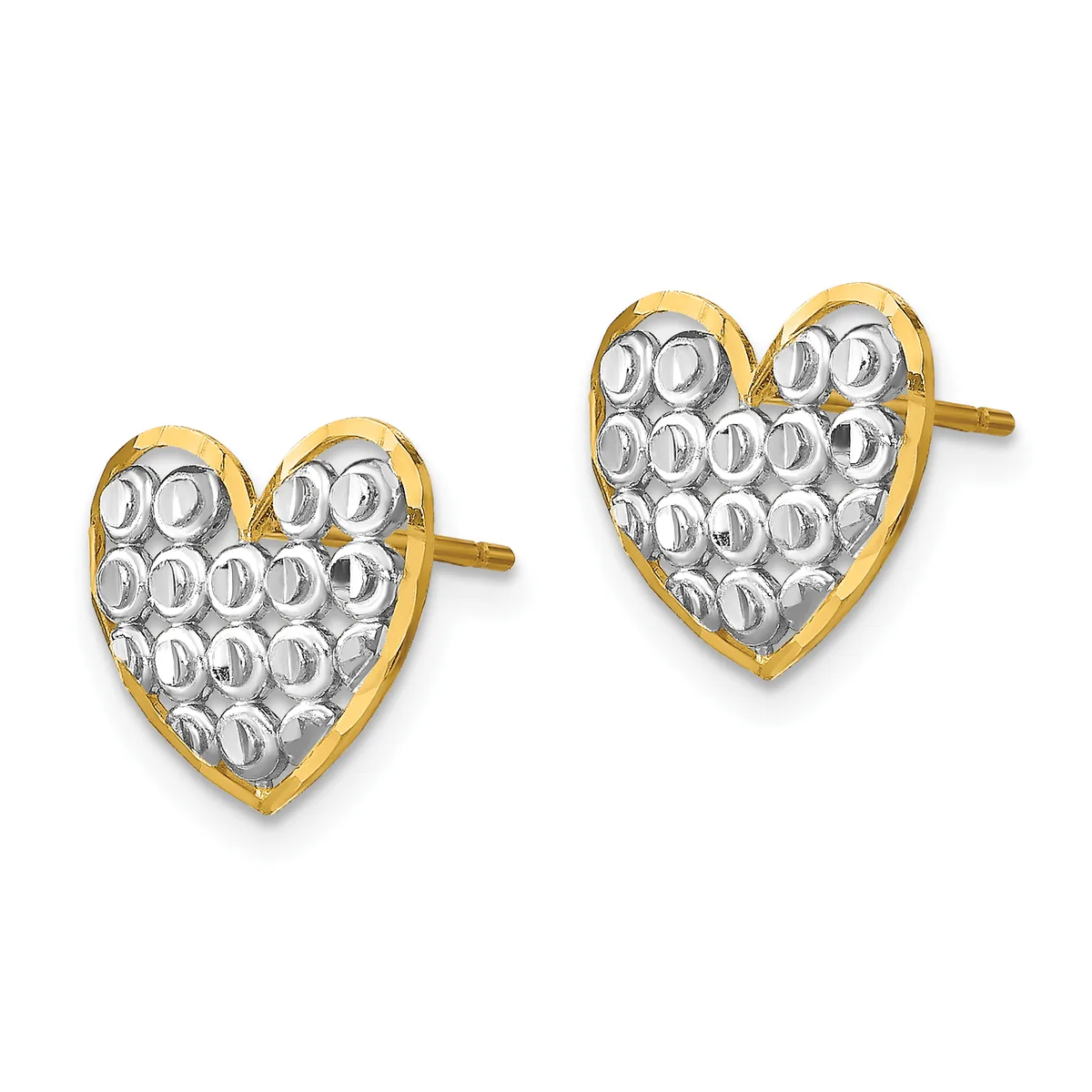 A pair of gold and silver two-tone heart-shaped stud earrings with a textured dimpled surface, shown from the front.