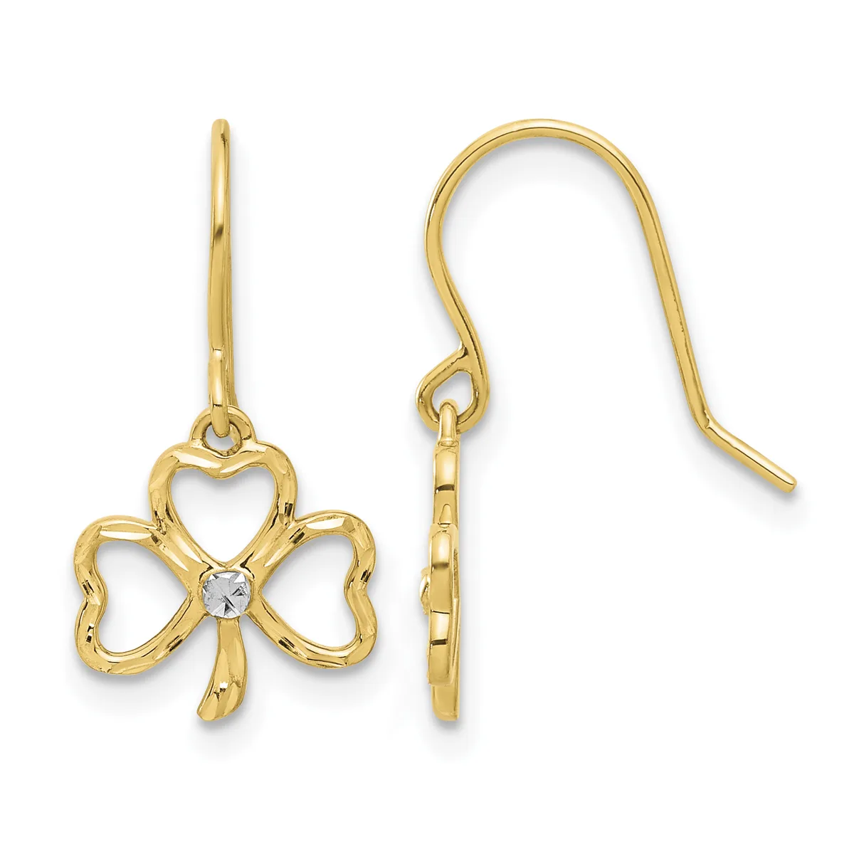 Pair of gold-tone shamrock drop earrings with heart-shaped petals and a small white rhinestone center, shown on French wire hooks.