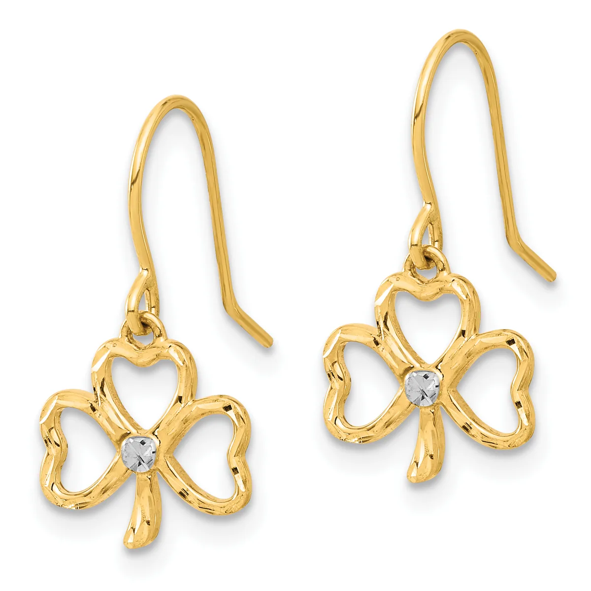 Pair of gold-toned bow-shaped drop earrings with small clear rhinestones at the center, suspended from curved hook wires.