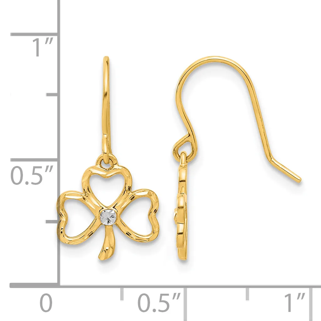 Gold-toned bow-shaped dangle earrings with a small diamond accent at the center, shown next to a ruler displaying measurements up to one inch.