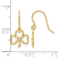 Gold-toned bow-shaped dangle earrings with a small diamond accent at the center, shown next to a ruler displaying measurements up to one inch.