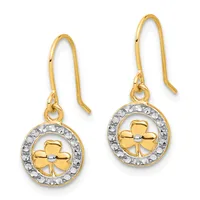 A pair of gold drop earrings with four-leaf clover charms surrounded by diamond accents, suspended from hook-style ear wires.