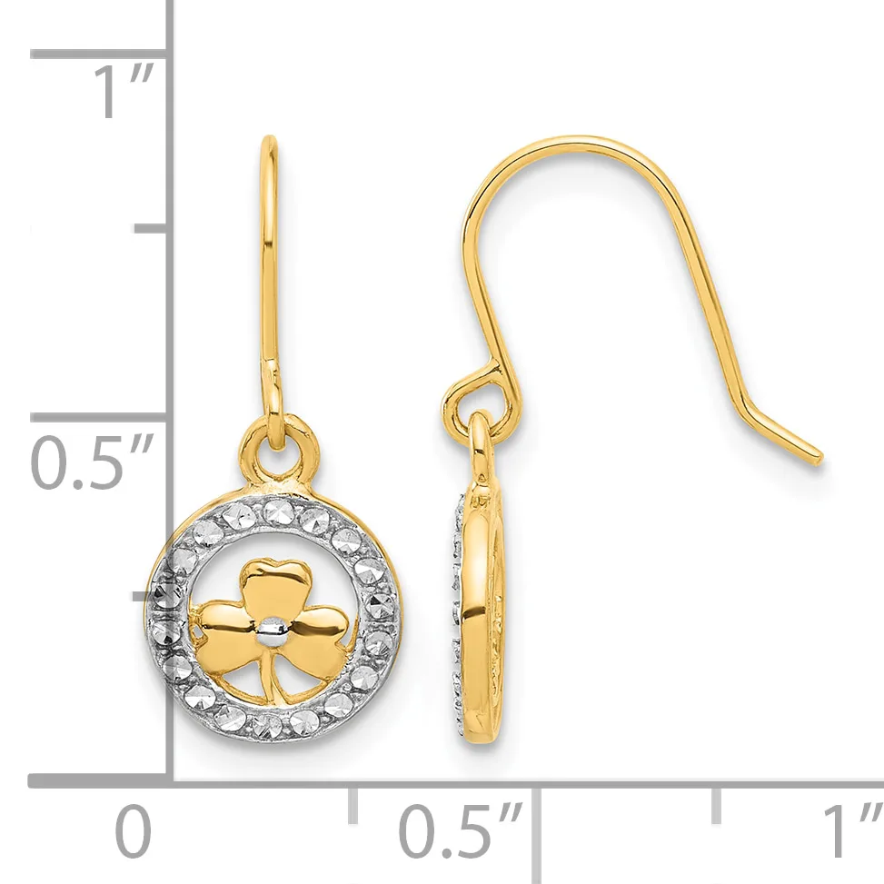 Gold-tone drop earrings with a circular pendant featuring a cross in the center surrounded by rhinestones, shown with a measurement scale.