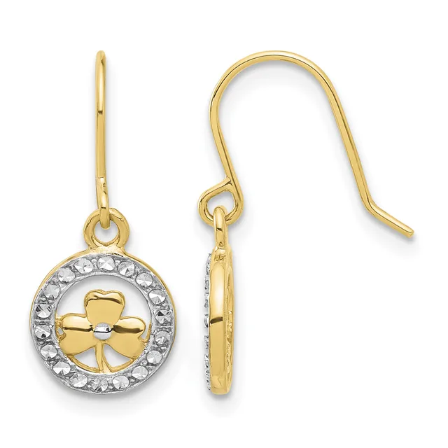 Pair of gold drop earrings with circular pendants featuring a gold cross in the center surrounded by a ring of small diamonds, shown from front and side views.