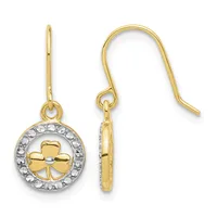 Pair of gold drop earrings with circular pendants featuring a gold cross in the center surrounded by a ring of small diamonds, shown from front and side views.