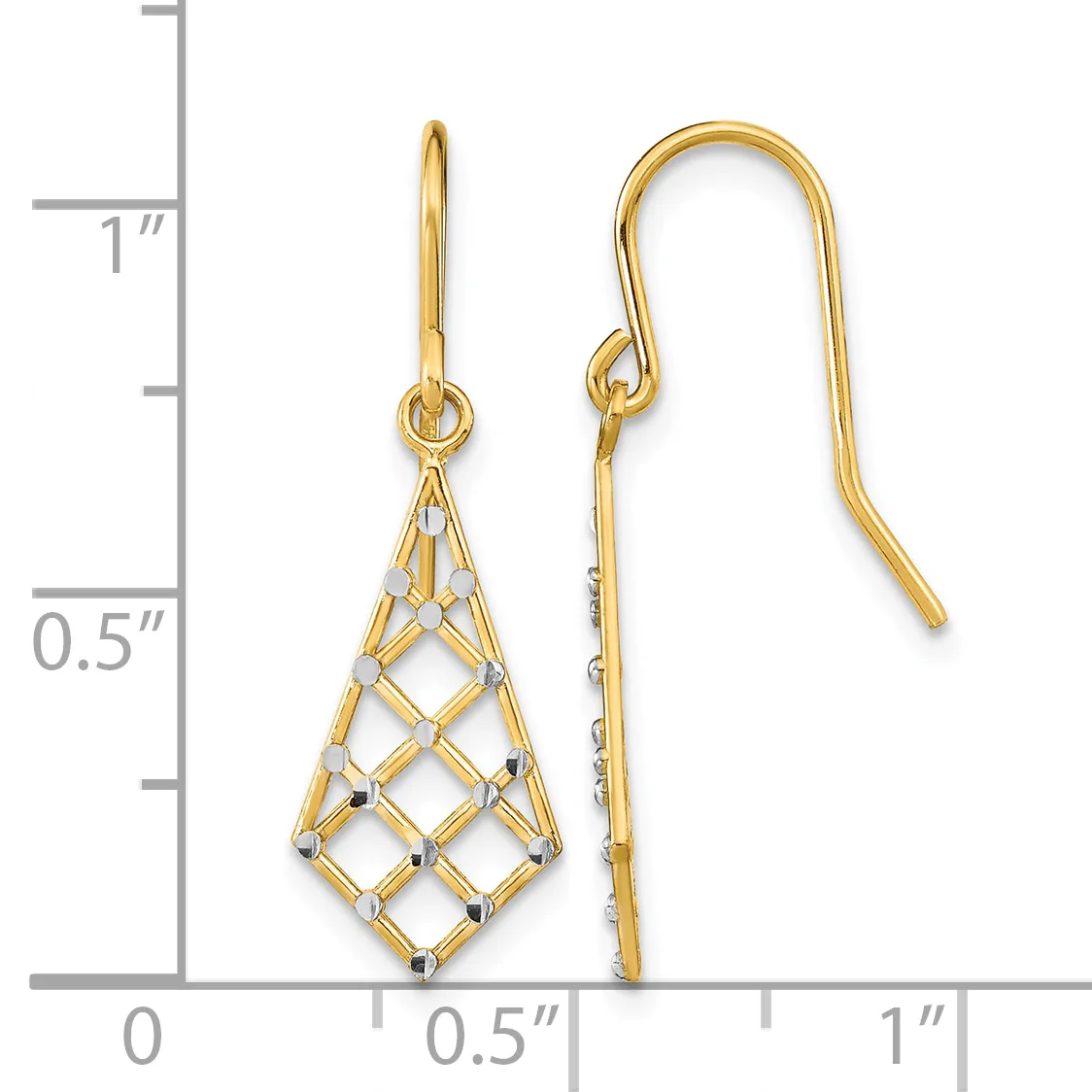 Pair of gold-tone drop earrings with openwork diamond-shaped pendants and fish hook closures, displayed against a measurement scale.