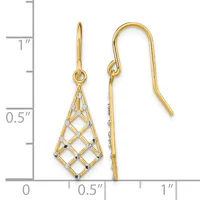 Pair of gold-tone drop earrings with openwork diamond-shaped pendants and fish hook closures, displayed against a measurement scale.